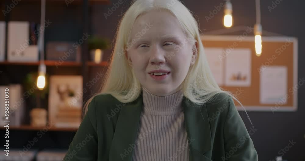 Portrait of beautiful albino woman office worker making online video call speaking looking at camera in inclusive workplace in evening. Job and communication concept. Portrait of beautiful albino woman office worker making online video call speaking looking at camera in inclusive workplace in evening. Job and communication concept.
