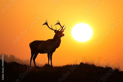 A majestic stag standing on a distant hill at dawn, its silhouette magnified with the rising sun behind it. -