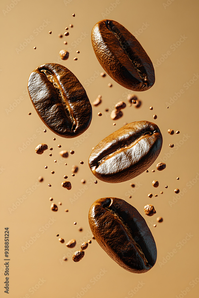 Hyper-Realistic Coffee Beans in Mid-Air on Pastel Background Hyper-Realistic Coffee Beans in Mid-Air on Pastel Background