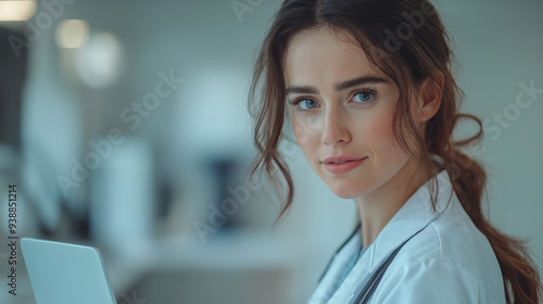 doctor working on computer, A female doctor, dressed in a white lab coat, working intently on a laptop computer.