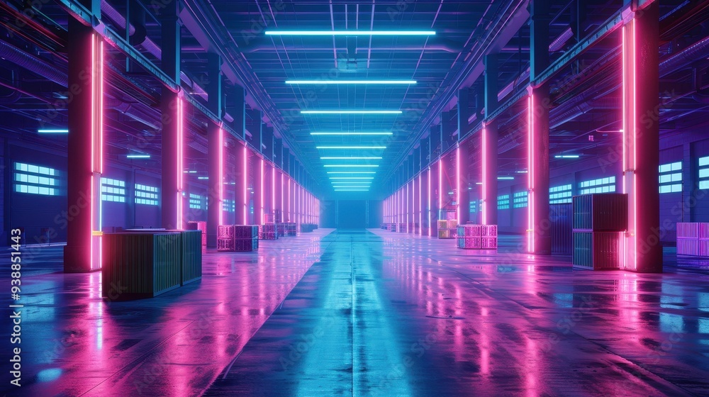 Neon-Lit Industrial Corridor with Wet Floor Neon-Lit Industrial Corridor with Wet Floor