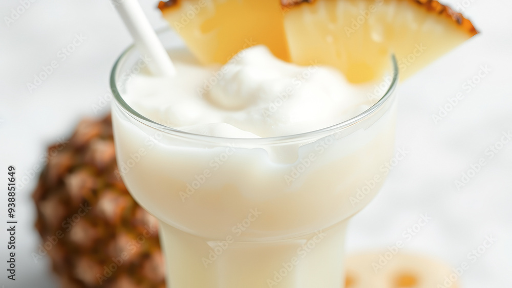 Closeup of a glass of pineapple smoothie with pineapple slices on top Closeup of a glass of pineapple smoothie with pineapple slices on top