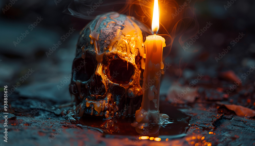 Candlelit skull, wax dripping, gothic study Candlelit skull, wax dripping, gothic study