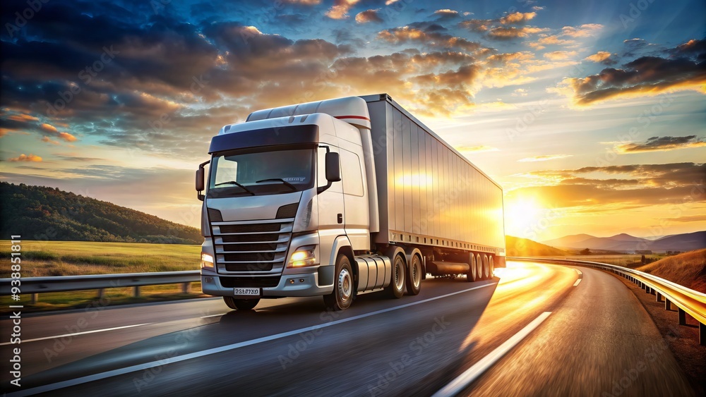 A large, modern semi-truck drives down a sunlit highway, hauling a trailer adorned with a company's logo and branding, representing successful logistics and transportation business. A large, modern semi-truck drives down a sunlit highway, hauling a trailer adorned with a company's logo and branding, representing successful logistics and transportation business.