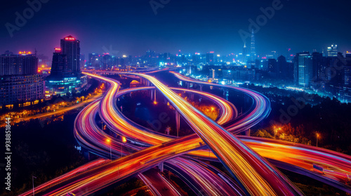 A city at night with a lot of traffic and a lot of lights. The lights are bright and colorful, creating a sense of energy and excitement. The city is bustling with activity