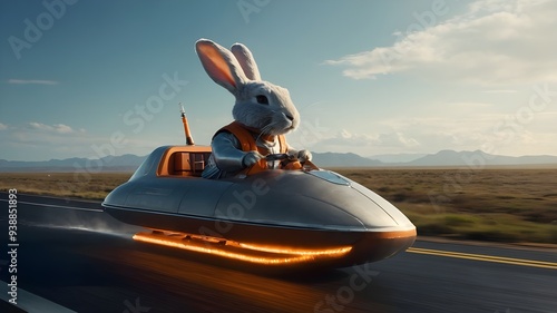 A sleek, futuristic bunny with metallic fur, riding a carrot-shaped hovercraft and wielding a spinning wheel made of pure energy.