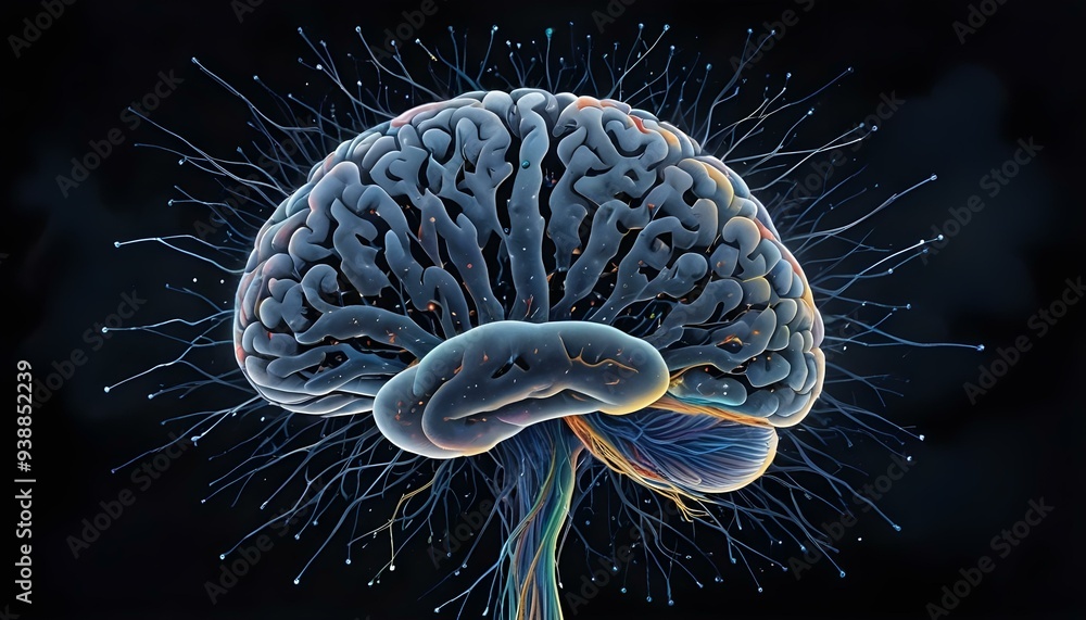A image of a 3d rendered illustration of a electronic metal human brain with neon growing lightning A image of a 3d rendered illustration of a electronic metal human brain with neon growing lightning