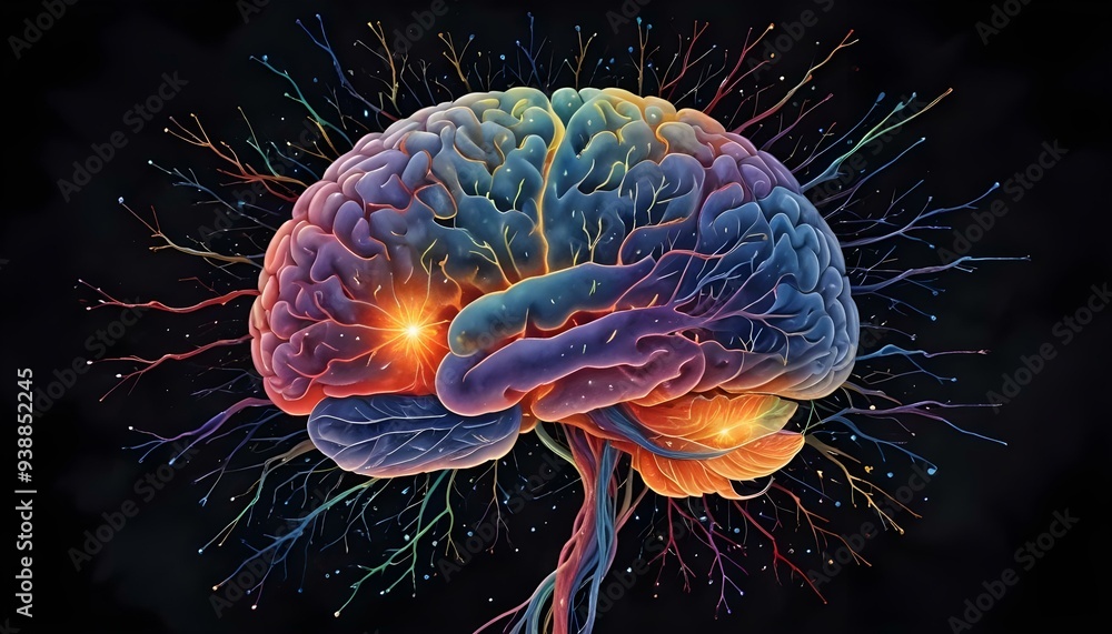 A image of a 3d rendered illustration of a electronic metal human brain with neon growing lightning A image of a 3d rendered illustration of a electronic metal human brain with neon growing lightning