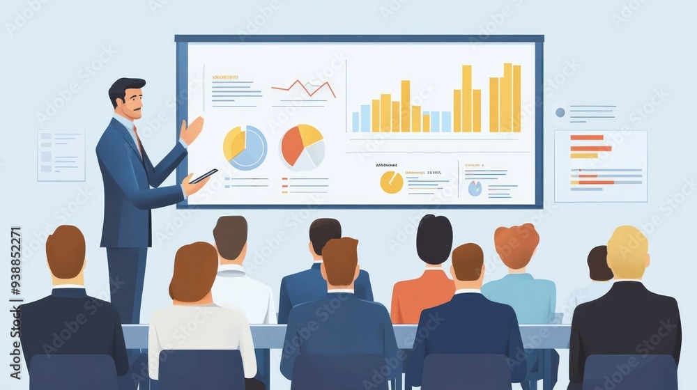 Presentation for a conference business meeting: A businessman CEO presents data to a group of investors and businesspeople. Product sales, revenue growth strategy, graphs, and e-commerce analysis are Presentation for a conference business meeting: A businessman CEO presents data to a group of investors and businesspeople. Product sales, revenue growth strategy, graphs, and e-commerce analysis are