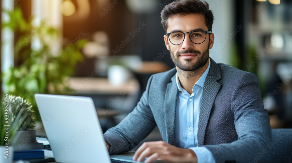 Confident Businessman Working on Laptop in Cafe Confident Businessman Working on Laptop in Cafe