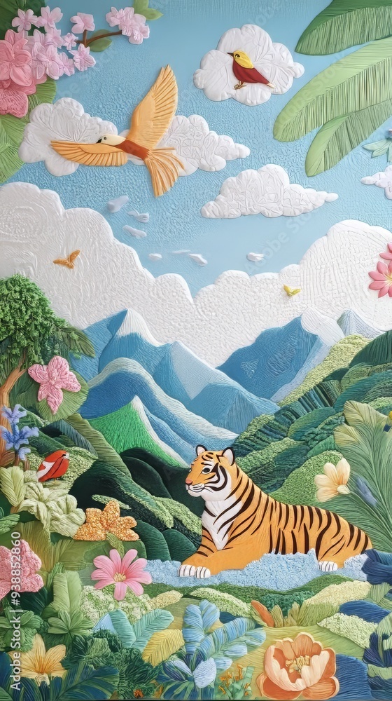 custom made wallpaper toronto digitalVibrant 3D Embossed Collage of Colorful Jungle Scene with Tiger, Birds, and Waterfalls on Canvas