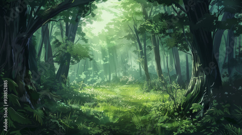 A lush green forest with a path leading through it