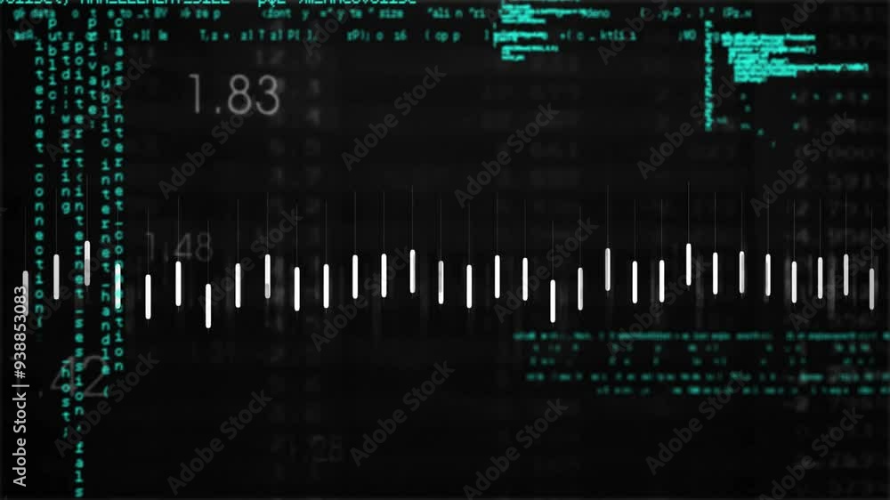 Digital code and data processing animation over black background with white bars Digital code and data processing animation over black background with white bars