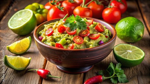 Vibrant bowl of Mexican guacamole with avocado, lime, chili, and tomatoes