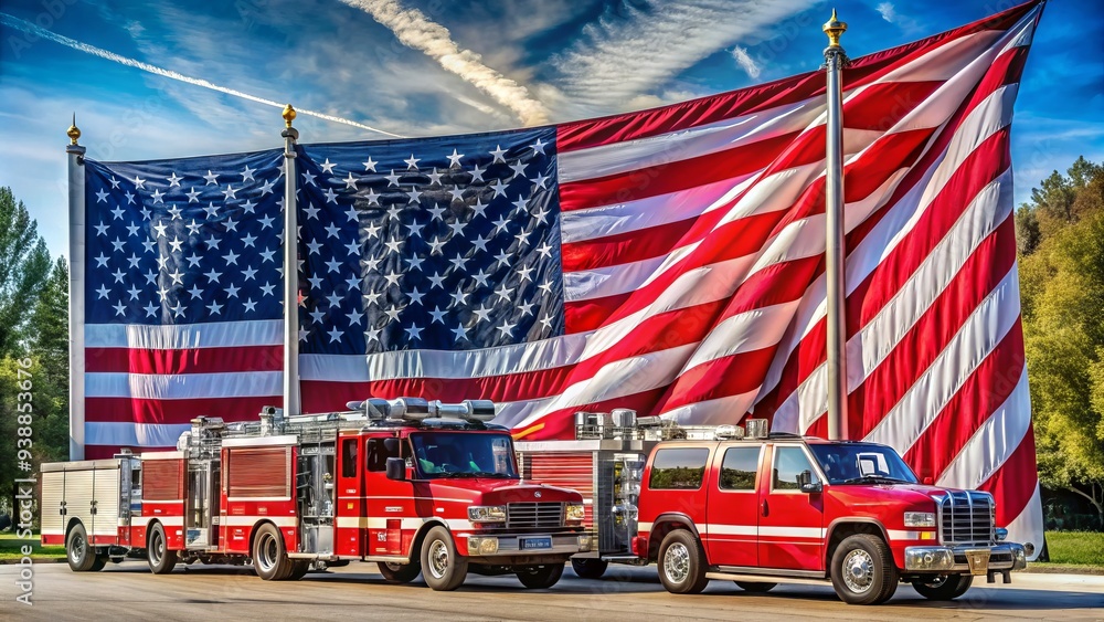 American flag backdrop with police and fire department vehicles parked ...