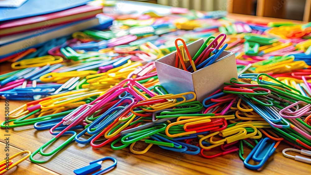 A messy desk with colorful paper clips holding together papers with bold, multi-colored diagonal lines, creating a dynamic and creative workspace atmosphere. A messy desk with colorful paper clips holding together papers with bold, multi-colored diagonal lines, creating a dynamic and creative workspace atmosphere.