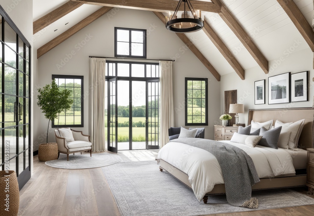 French country interior design of modern bedroom in farmhouse French country interior design of modern bedroom in farmhouse