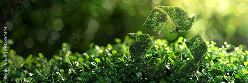 A recycling symbol made of lush green foliage amidst a natural environment represents eco-friendliness and sustainability, emphasizing the importance of going green. photo