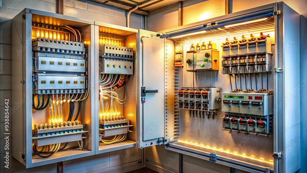 A modern electrical cabinet in a home, with neatly organized wires and circuit breakers, illuminated by a soft glow from the interior lighting. A modern electrical cabinet in a home, with neatly organized wires and circuit breakers, illuminated by a soft glow from the interior lighting.