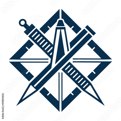 A geometric logo using a compass and ruler in a cross pattern, representing accuracy and design