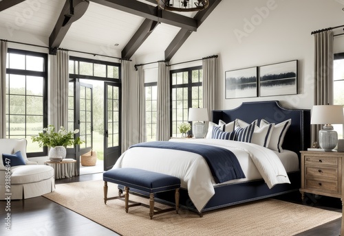 French country interior design of modern bedroom in farmhouse