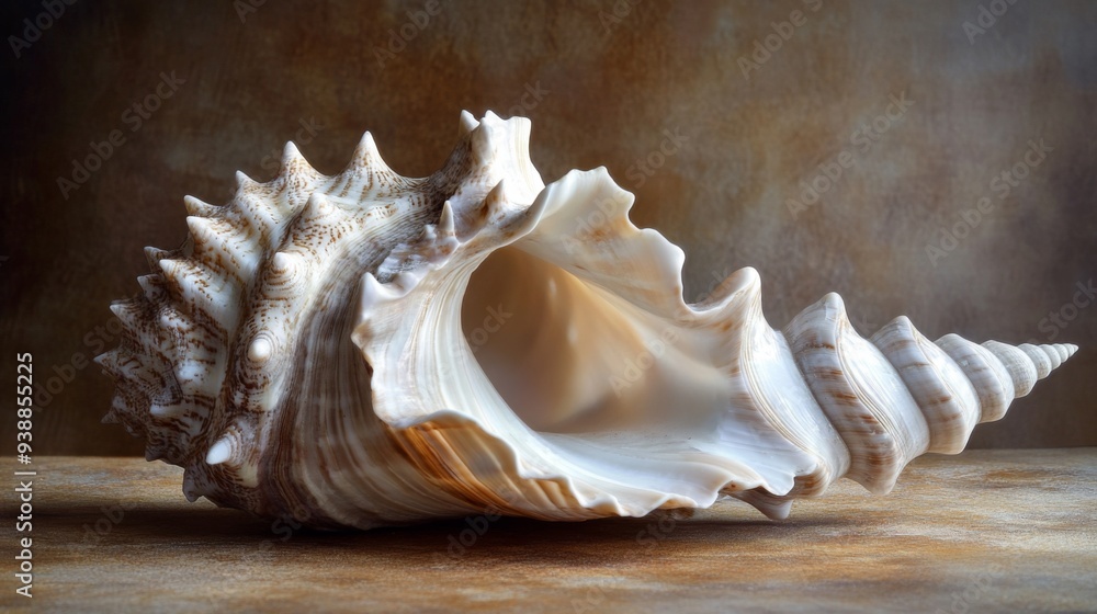 A large, spiraled seashell with a brown and white pattern. A large, spiraled seashell with a brown and white pattern.