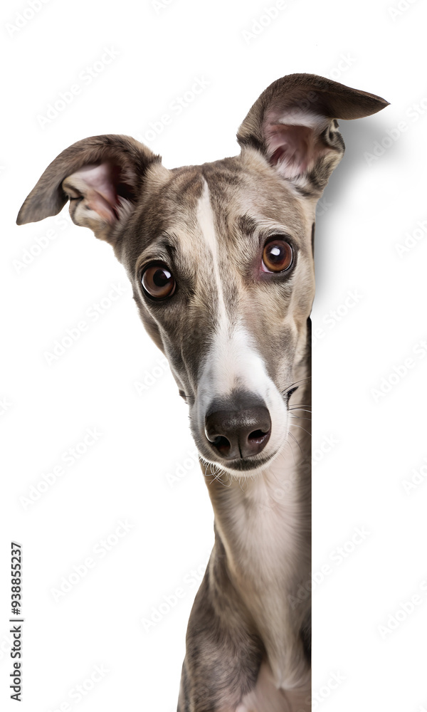 Whippet dog peeking around the corner isolated on transparent background Whippet dog peeking around the corner isolated on transparent background