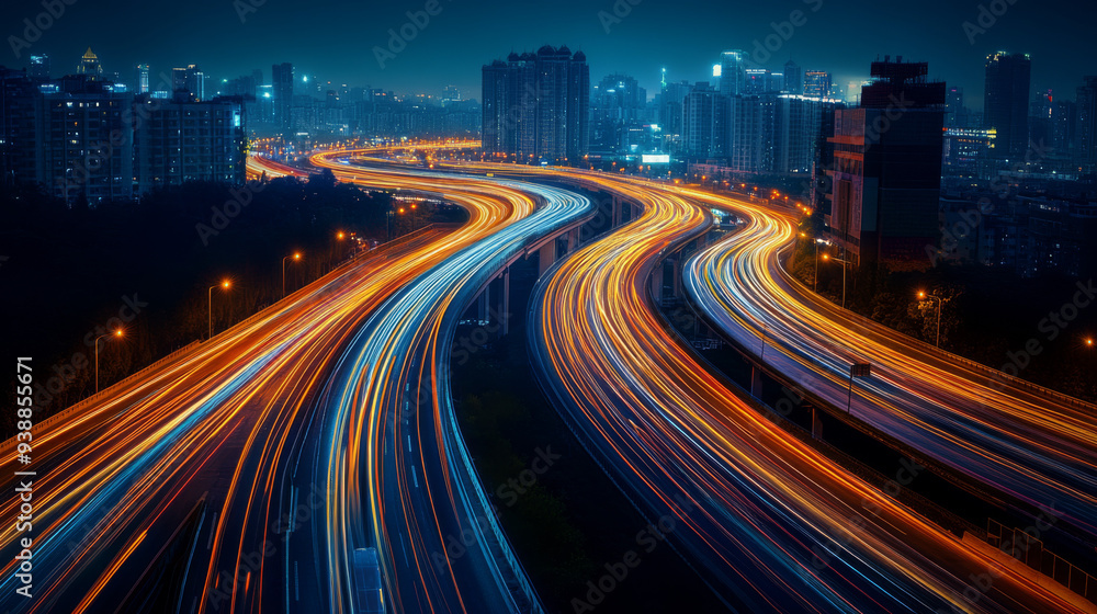 Fototapeta premium A city street with a long highway with many cars and lights. The lights are bright and colorful, creating a sense of energy and excitement. The scene captures the hustle
