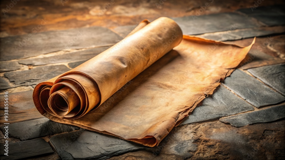 An Aged Parchment Scroll With Weathered Edges And Intricate Calligraphy, Unfurled And Lying Open On A Stone Surface An Aged Parchment Scroll With Weathered Edges And Intricate Calligraphy, Unfurled And Lying Open On A Stone Surface