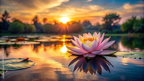 Water lily blooming at sunset in a serene pond with reflections, showcasing the beauty of lotus flowers