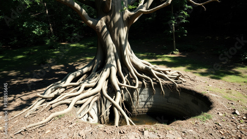 Tree roots growing over a stone well