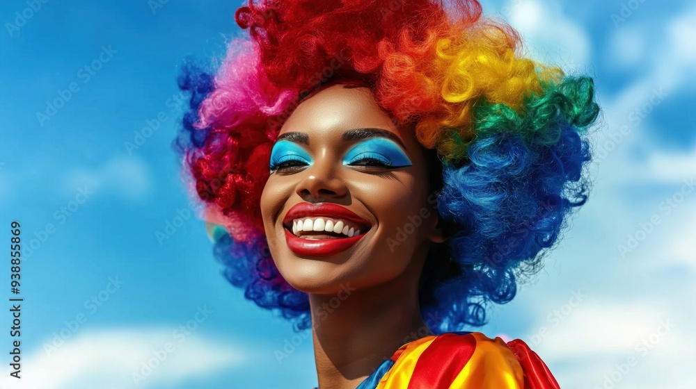 Celebratory close-up of a joyful African American woman in vibrant clown wig and makeup at a pride parade, showcasing diversity and inclusion against a clear blue sky backdrop, ideal for social awaren Celebratory close-up of a joyful African American woman in vibrant clown wig and makeup at a pride parade, showcasing diversity and inclusion against a clear blue sky backdrop, ideal for social awaren