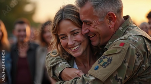 Emotional Military Homecoming: Joyful Reunion of Soldier and Loved One in Warm Sunset Light