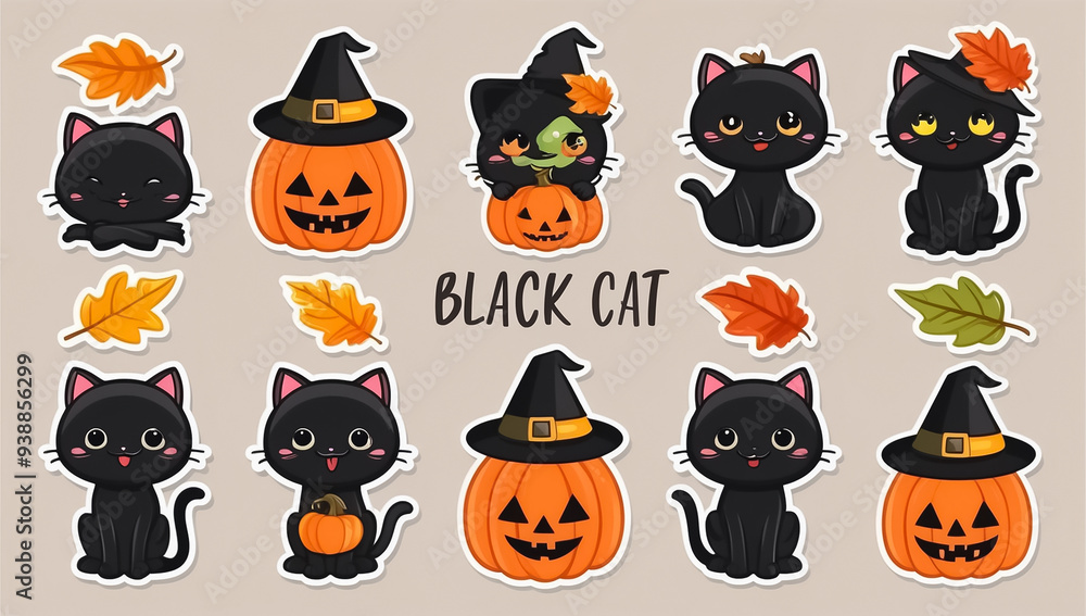 sticker set, different cute cat with pumpkin sticker set, different cute cat with pumpkin