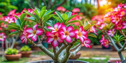 Vibrant adenium plant blooming in a lush garden setting photo