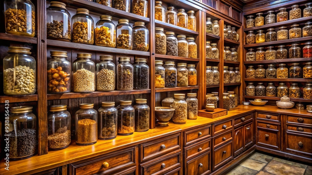 Ancient wooden shelves overflowing with jars of dried herbs and spices, alongside intricately carved wooden cabinets, evoke the mystique of traditional Chinese medicine. Ancient wooden shelves overflowing with jars of dried herbs and spices, alongside intricately carved wooden cabinets, evoke the mystique of traditional Chinese medicine.