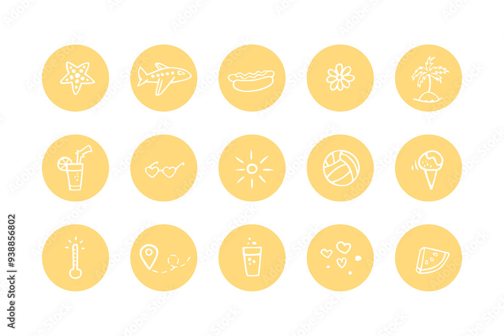 Vector set of highlights for social media. Summer elements: plane, food, sun, ice cream, watermelon, sunglasses and others. Vector set of highlights for social media. Summer elements: plane, food, sun, ice cream, watermelon, sunglasses and others.