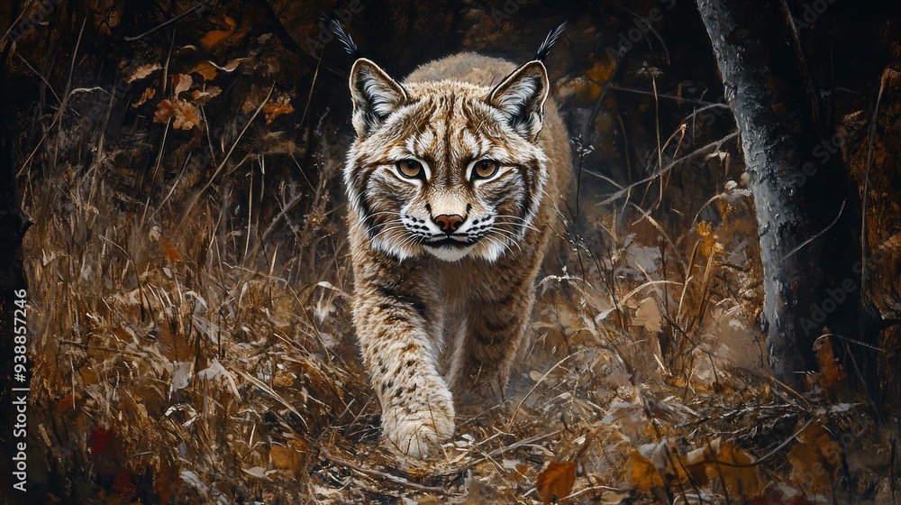 Fototapeta premium A majestic lynx prowls through a forest with intense focus, blending into the autumn foliage, This image can be used for wildlife articles, nature blogs, or eco-conservation campaigns,