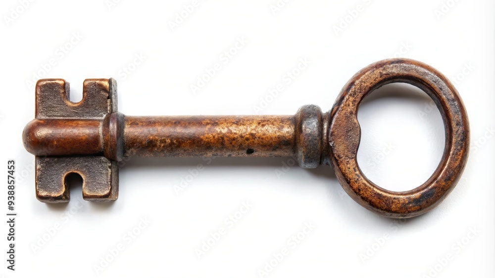 A old, rusty door key lies isolated on a white background, symbolizing access, opportunity, and freedom, with a hint of nostalgia and vintage charm. A old, rusty door key lies isolated on a white background, symbolizing access, opportunity, and freedom, with a hint of nostalgia and vintage charm.