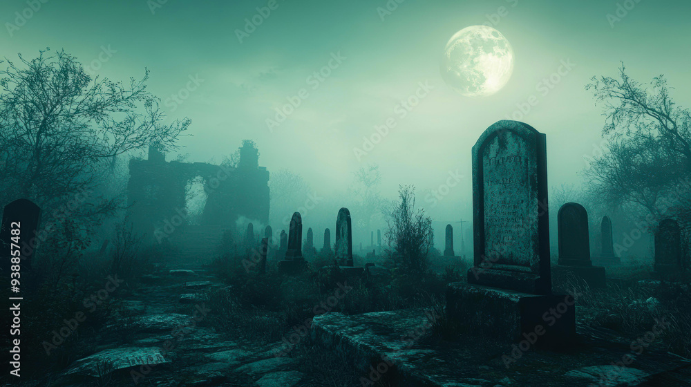 A foggy, moonlit graveyard with ancient, weathered tombstones and eerie ruins in the background, ideal for Halloween themes and horror storytelling setting, A foggy, moonlit graveyard with ancient, weathered tombstones and eerie ruins in the background, ideal for Halloween themes and horror storytelling setting,