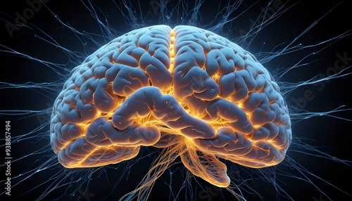 A image of a 3d rendered illustration of a electronic metal human brain with neon growing lightning