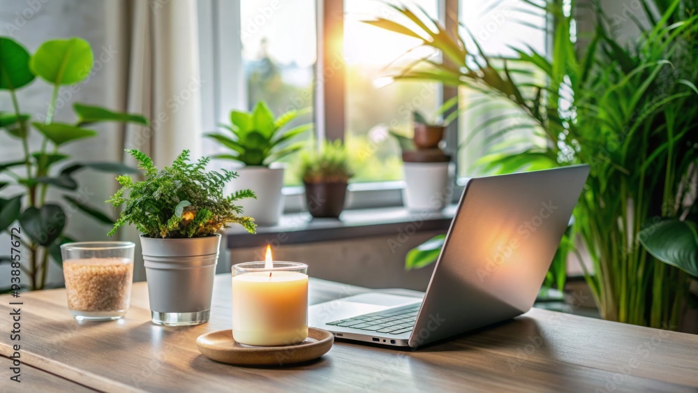 a peaceful desk setup with candle, plants, and laptop, inviting professionals to take a mindfulness break amidst a busy office environment. a peaceful desk setup with candle, plants, and laptop, inviting professionals to take a mindfulness break amidst a busy office environment.