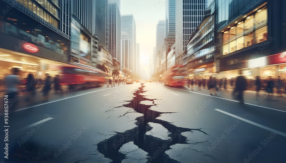 In a busy city street, there is a road with a long crack, depicting the effects of an earthquake. The background appears blurry In a busy city street, there is a road with a long crack, depicting the effects of an earthquake. The background appears blurry