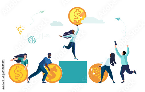 Vector illustration. Successful girl, businesswoman celebrating financial victory of golden dollar. People, african american ethnic colleagues taking selfie with winner, money, euro, coins, ethereum