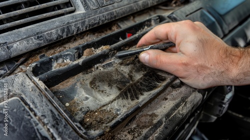 Automotive Technician Inspecting and Cleaning Dusty Car Air Filter, Focusing on Maintenance and Mold Removal for Optimal Air Conditioning Performance photo