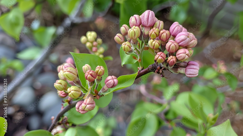 Fototapeta premium A lilac branch with flowers in various stages of bloom, from tightly closed buds to fully open blossoms