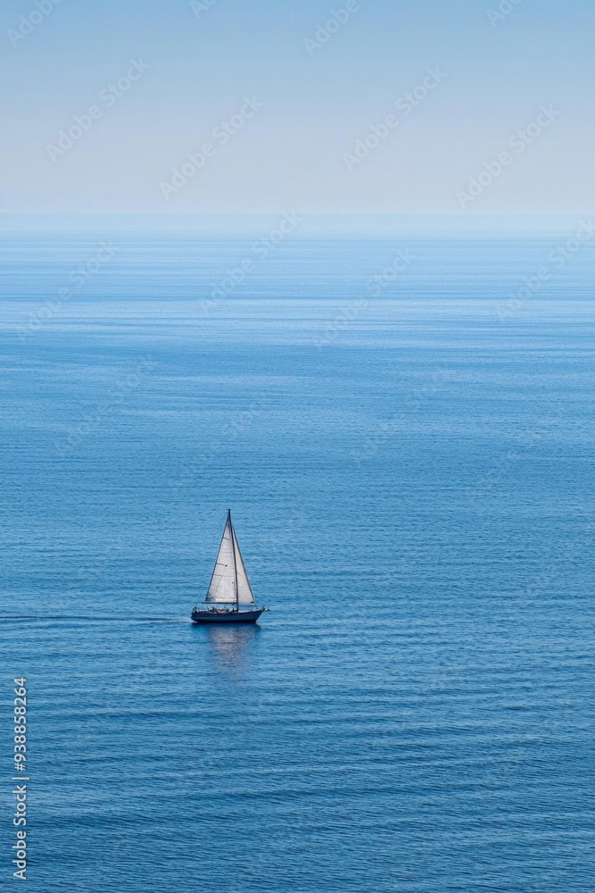 Fototapeta premium A small boat sailing on a vast ocean, with the distant coastline blurred out. 