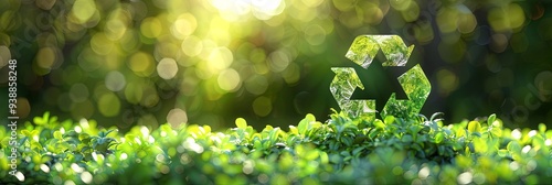 This image features a glass recycle symbol nestled among vibrant green leaves with a beautiful sunlit bokeh background, emphasizing eco-friendliness and nature conservation.