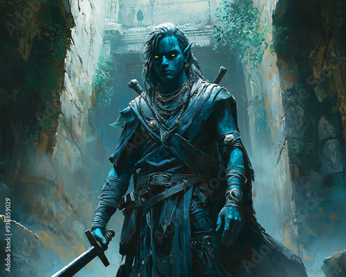 drow warrior standing confidently in a lush overgrown ruin, wielding a sword with glowing yellow eyes and intricate armor details