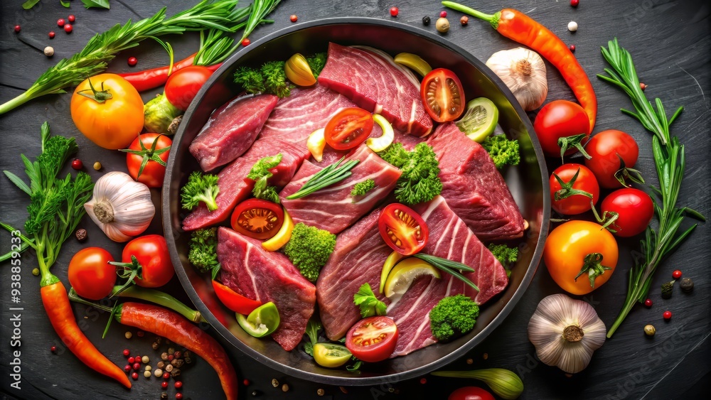 Savory marbled beef strips meet vibrantvegetables in a mesmerizing dance within a shallow dish, highlighting textures and colors against a dark mysterious background. Savory marbled beef strips meet vibrantvegetables in a mesmerizing dance within a shallow dish, highlighting textures and colors against a dark mysterious background.